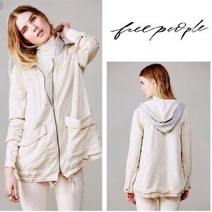 Free People Women's Beige Hooded Jacket Full Zip Pockets Drawstring M Medium